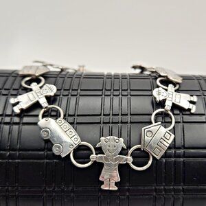 Vintage Sterling Silver Teacher Charm Bracelet | School Bus & Children Charms